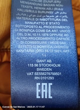 Chaleco plumífero Gant mostaza hombre nuevo