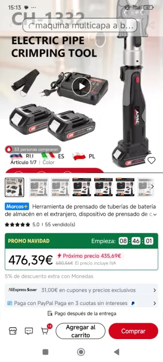 Herramienta Prensado Tuberías Batería