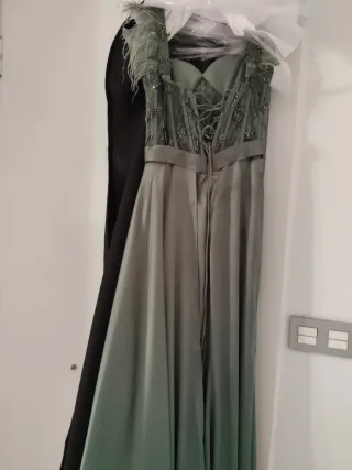 Vestido largo verde con plumas