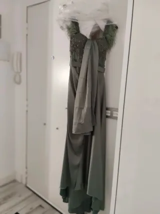Vestido largo verde con plumas