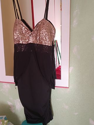 Vestido fiesta lentejuelas negro y dorado