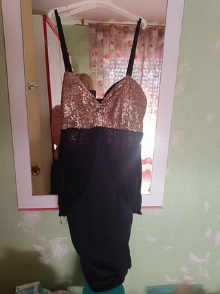 Vestido fiesta lentejuelas negro y dorado