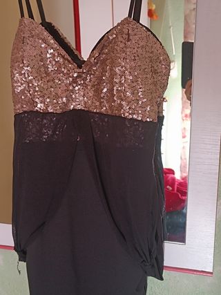 Vestido fiesta lentejuelas negro y dorado