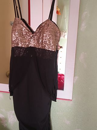 Vestido fiesta lentejuelas negro y dorado