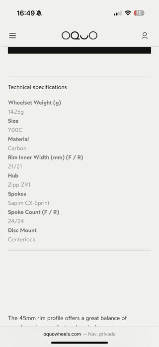 Ruedas carbono OQUO RP45 Team