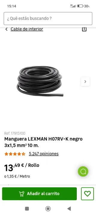 Manguera LEXMAN H07RV-K negro 3x1,5 mm²
