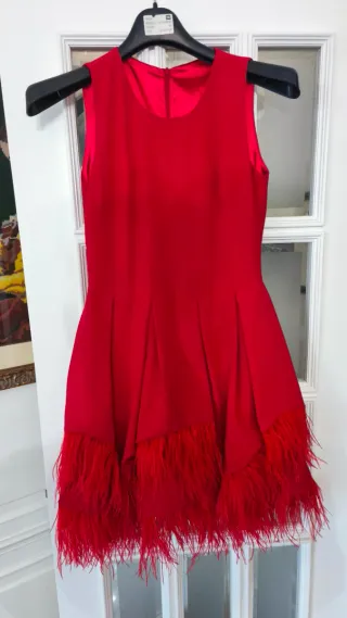Vestido rojo con plumas
