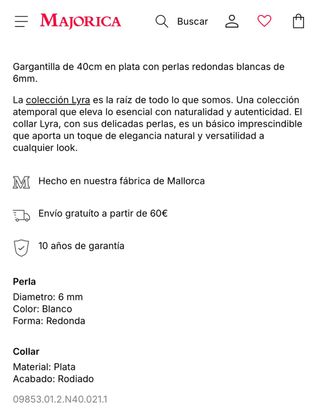 Collar Majorica Perlas 6mm 40cm Lyra