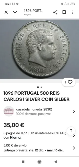 Portugal 500 Reis Plata 1896. Muy escasa.