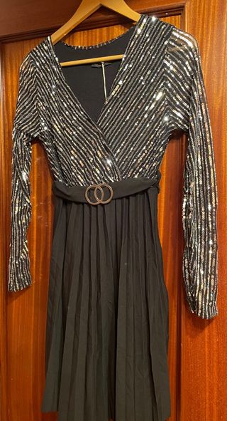 Vestido fiesta lentejuelas plateadas y negro