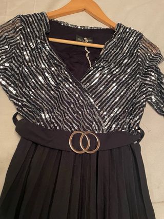 Vestido fiesta lentejuelas plateadas y negro