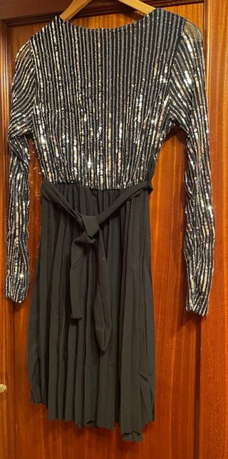 Vestido fiesta lentejuelas plateadas y negro