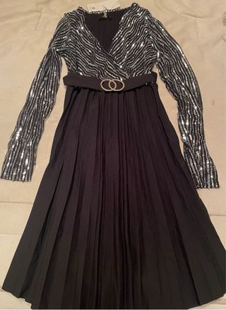 Vestido fiesta lentejuelas plateadas y negro