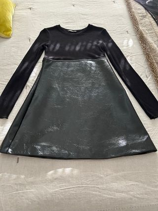 Vestido Zara Negro Manga Larga Efecto Piel