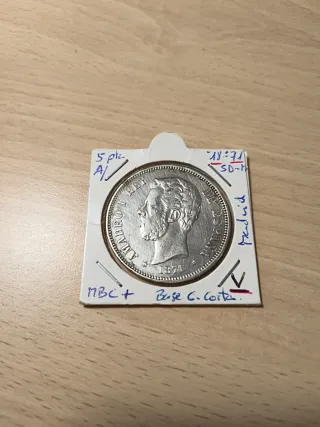 Moneda 5 ptas plata Amadeo I Variante base columna
