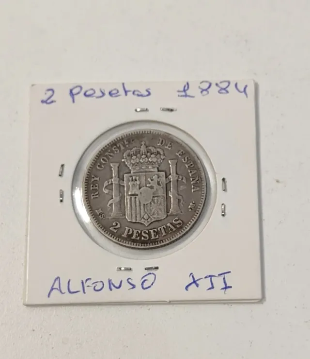 Moneta Spagna Alfonso XIII 1884 da 2 pesetas MBC