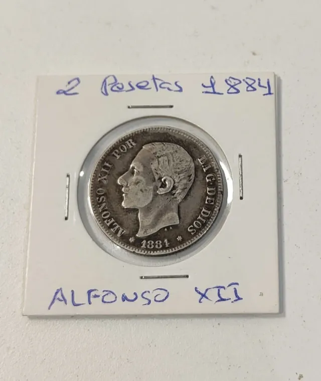 Moneta Spagna Alfonso XIII 1884 da 2 pesetas MBC