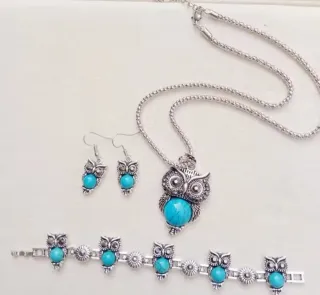 Conjunto Plata Ley Colgante Búho Turquesa