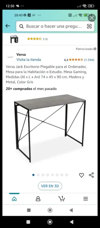 Mesa escritorio plegable Versa gris y negra