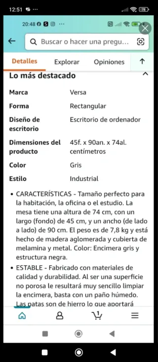 Mesa escritorio plegable Versa gris y negra