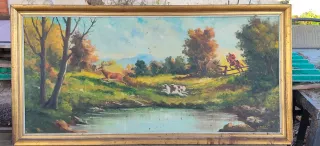 Cuadro de caza con ciervo y caballos