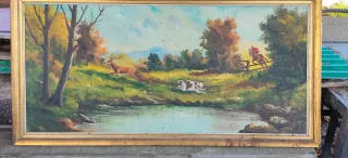 Cuadro de caza con ciervo y caballos