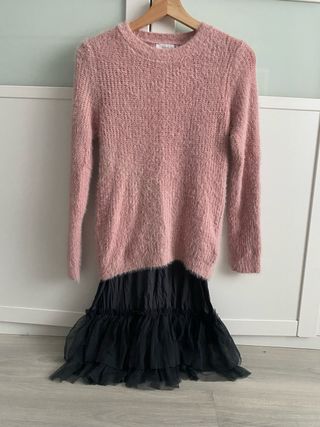 Conjunto jersey rosa y vestido tul volante