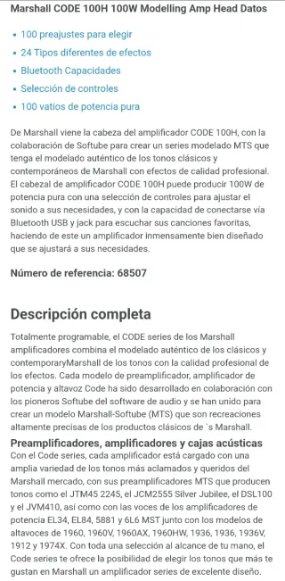 Amplificador Marshall CODE 100H sn V0201F403E