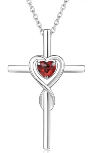 Colgante Cruz Corazón Cristal Rojo Plata