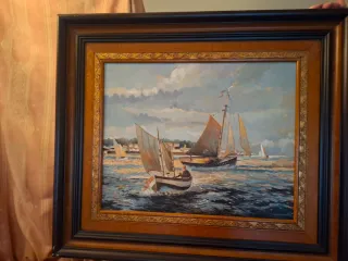 Cuadro Marino con Barcos y Paisaje