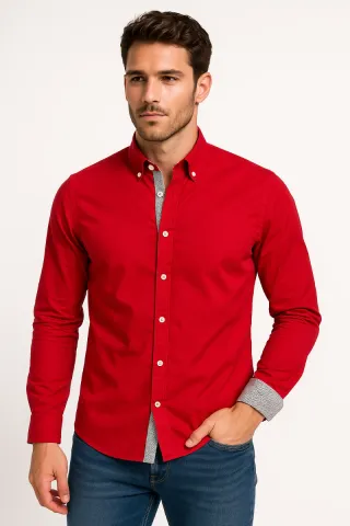 Camisa Hombre Roja Talla L Algodón Elástico