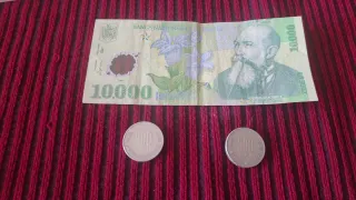 Billete 10.000 Lei y 2 monedas 500 Lei
