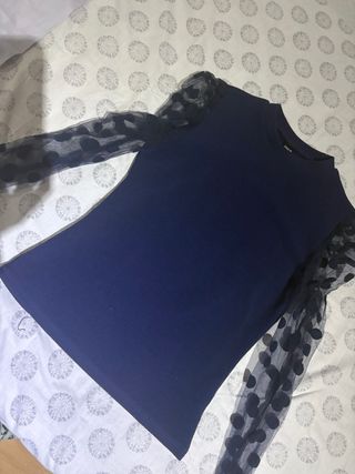 Camiseta manga transparente lunares azul marino T.