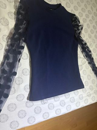 Camiseta manga transparente lunares azul marino T.