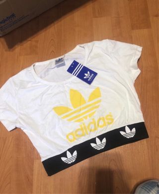 Camiseta Crop Top Blanca y Amarilla Talla L