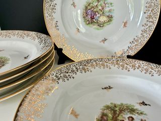 🇫🇷 Limoges 6 Platos Hondos Porcelana Dorada