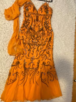 Vestido fiesta naranja pedrería talla 42