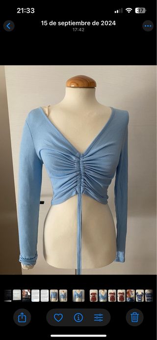 Top azul manga larga fruncido