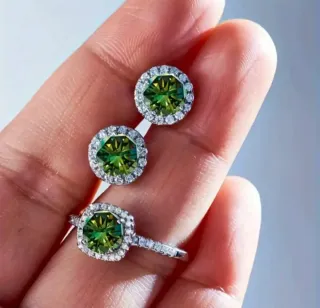 Conjunto Plata-Oro 3 CT Moissanita Verde