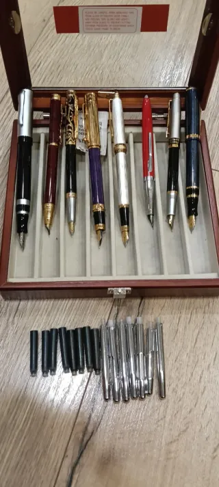 Collezione di penne stilografiche in astuccio di legno