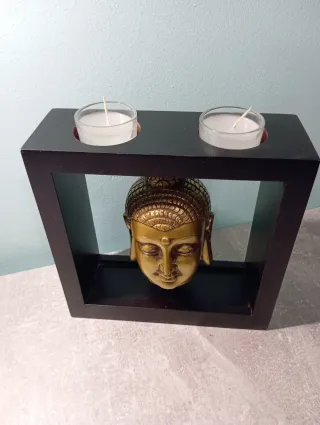 Portacandele Buddha in legno e cristallo
