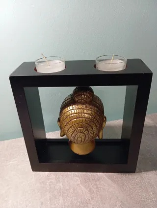 Portacandele Buddha in legno e cristallo