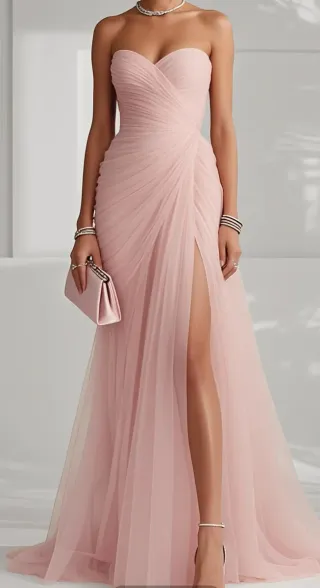 Vestido largo tul rosa drapeado con etiqueta