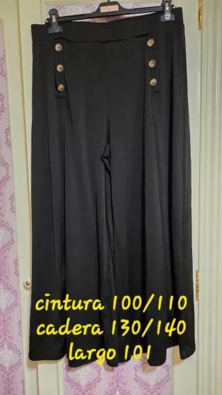 Pantalón Palazzo Negro Pierna Ancha Botones