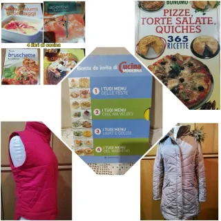 Set libri, un piumino beige e uno smanicato rosso