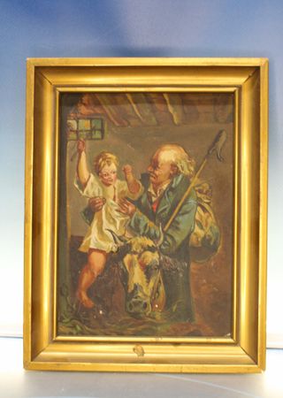 Niño sobre vaca con anciano. Reproducción de pintura rusa s.XIX.