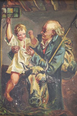 Niño sobre vaca con anciano. Reproducción de pintura rusa s.XIX.