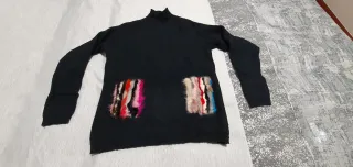 Jersey Negro Lana Bolsillos Piel Conejo