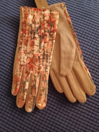 Guanti donna fantasia beige e rosso