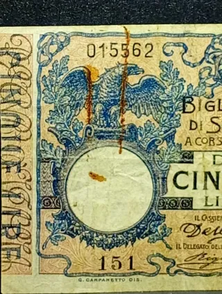 5 Lire Biglietto di Stato 1904 Serie Bassa 151